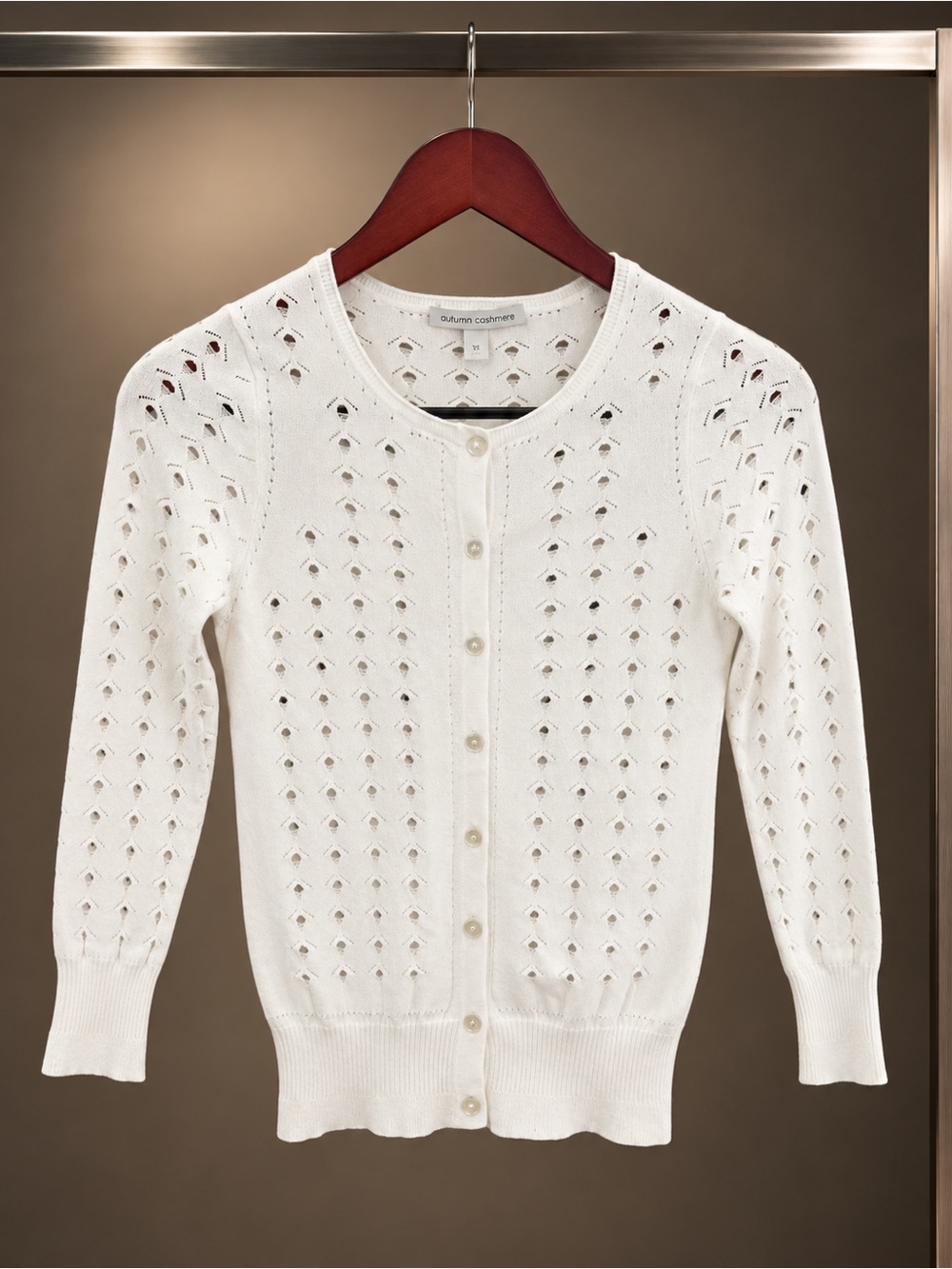Autumn Cashmere White Pointelle Cardigan Eyelet Knit 3/4 Sleeve Button Front XS